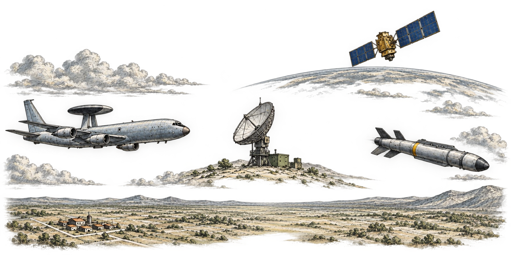 Graphite and muted-colour sensor aircraft, communications relay and guided weapon, with a navigation satellite above. Solid arrows show the coordinate handoff; a separate dashed arrow brings navigation signals to the weapon.