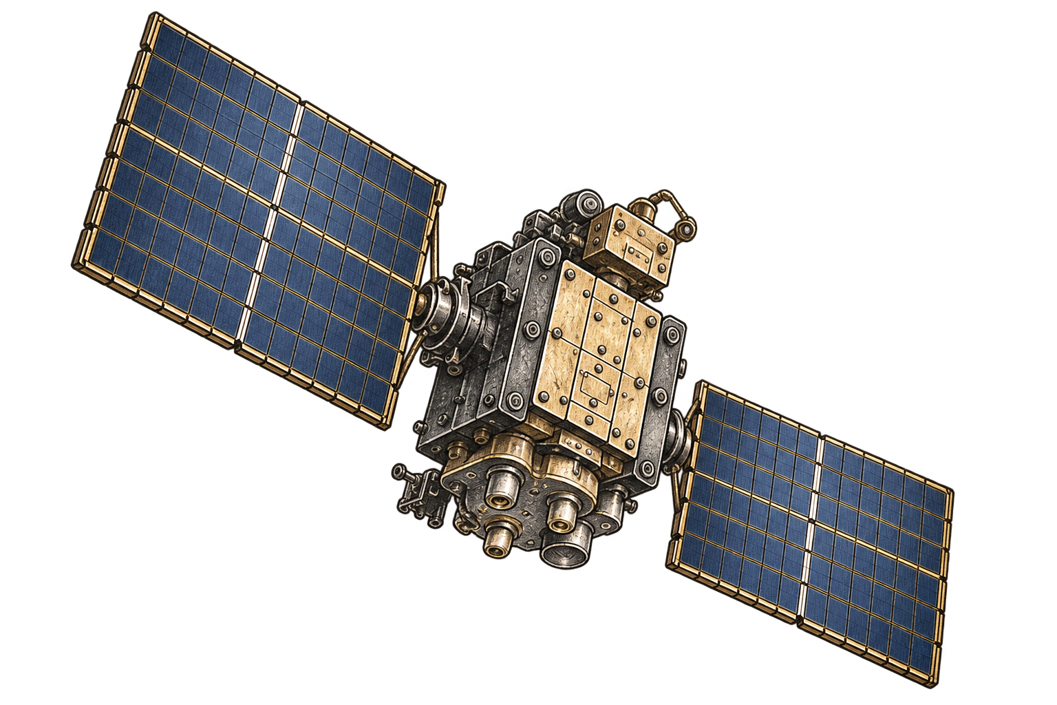 Illustrated navigation satellite with blue solar panels and a brass-colored body.