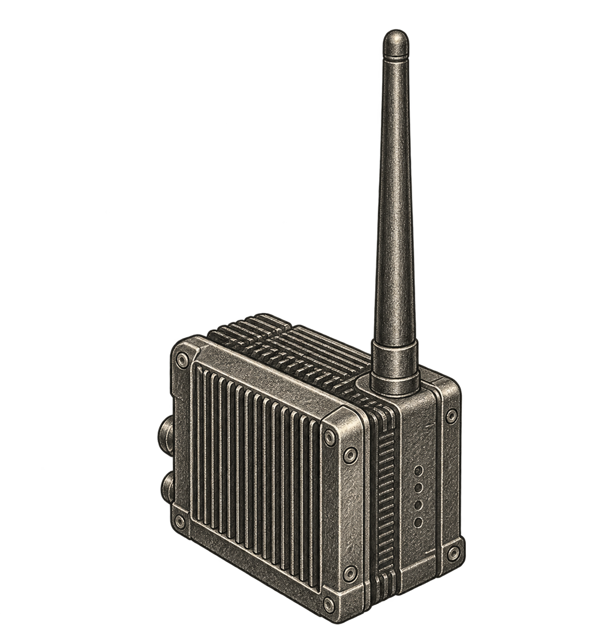 A compact dark radio jammer with an upright antenna.