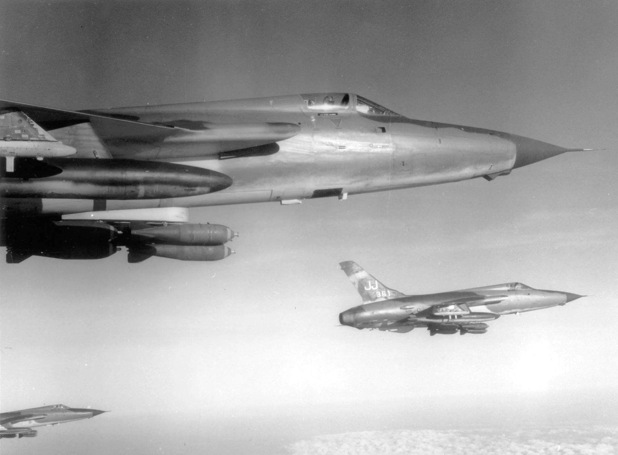 F-105D Thunderchief aircraft carrying unguided bombs over Vietnam.